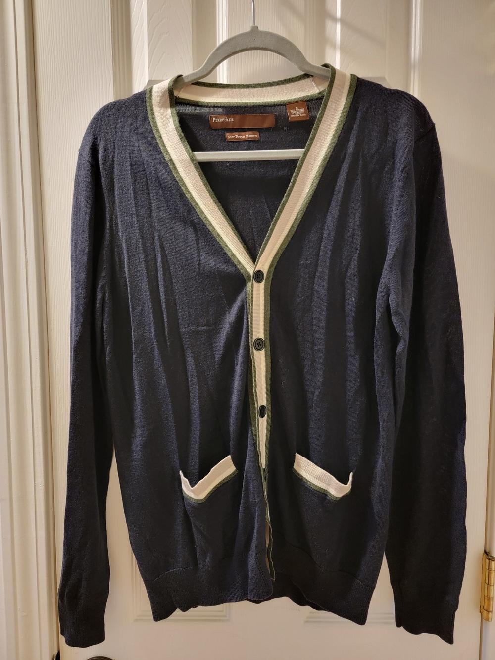 Perry Ellis Navy Cardigan with Cream and Light Green Trim